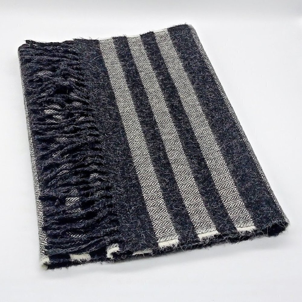 Tumi Black Grey Stripe Wool Fringed Oblong Scarf